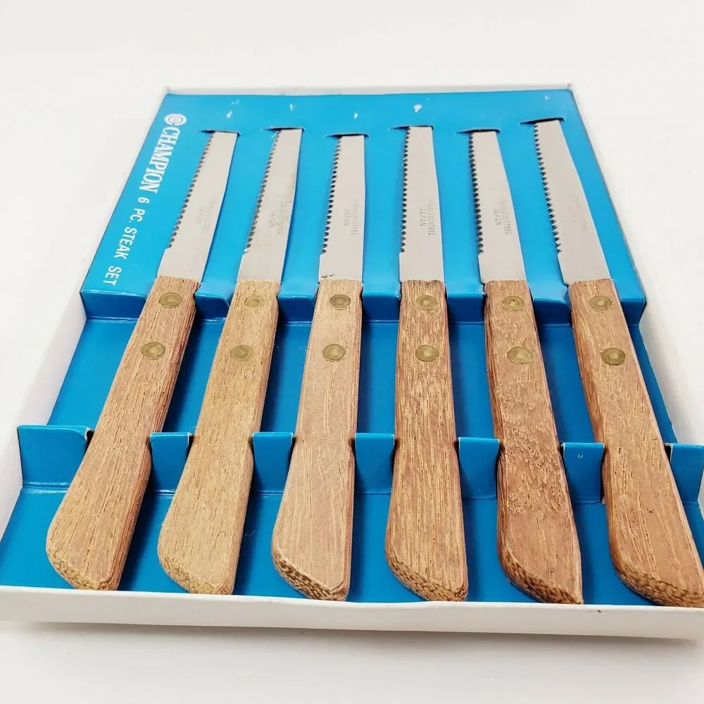 Vtg Champion 6 Pc Steak Knives Serrated Wood Riveted Handles Kitchen Utensils